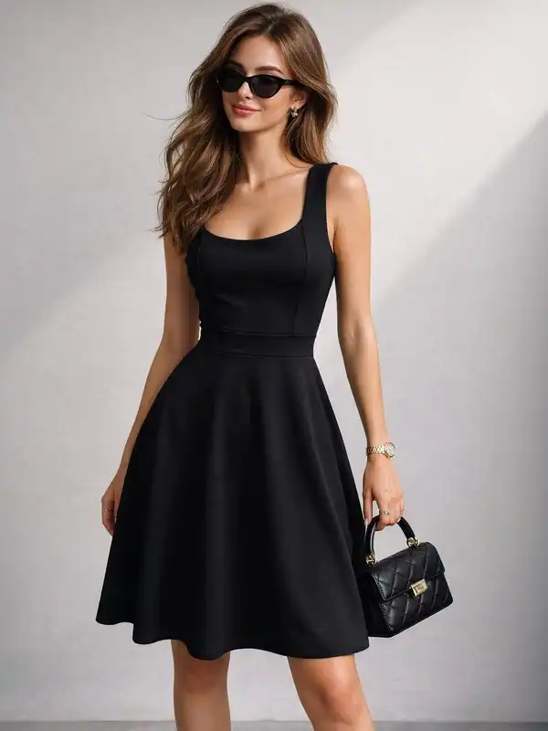 green emerald velvet dress Fit & Flare A-Line Midi Dress in Black main image 1