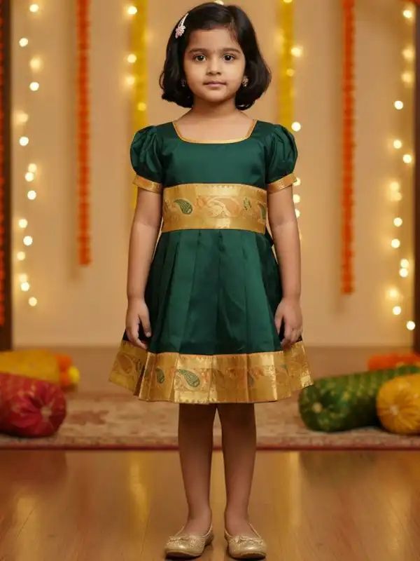 knee length dresses for ladies Traditional Silk Border Dress for Girls | Puff Sleeve main image 0