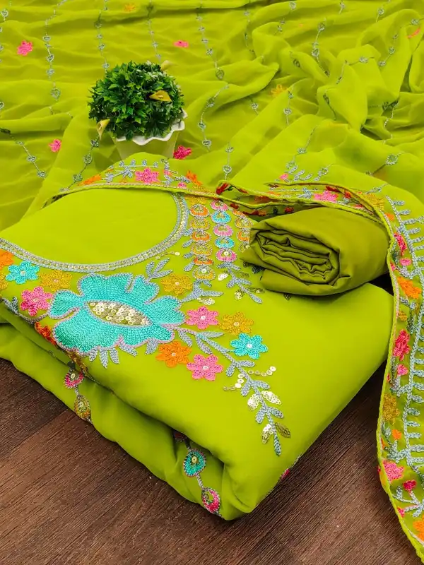 green emerald velvet dress Light Green Colour Embroidered Dress Material Fabric – Inhika.com