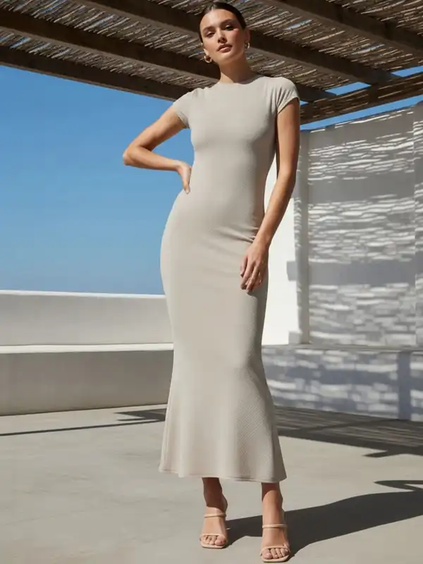 chinese dress ladies Shop Beige Cable-Knit Midi Bodycon Dress - Casual Winter main image 0