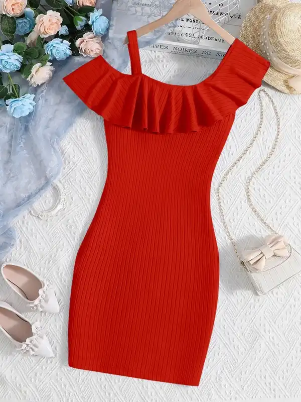 red half sleeve bodycon dress Korean Red Lace Half Sleeve Bodycon Red cocktail dress with Ruffle Neckline