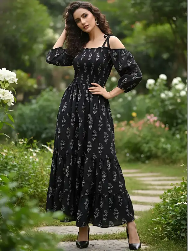 cold shoulder maxi dress online india Buy Indian Virasat Cold Shoulder Umbrella Flair Dress Online