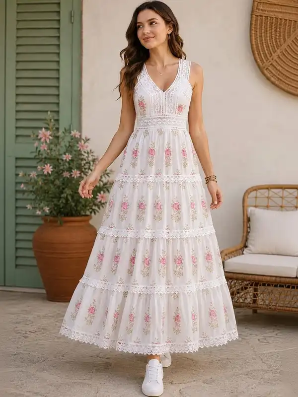 Sleeveless V Neck White Cotton Dress