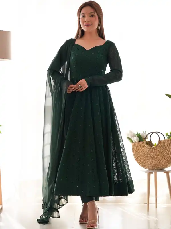 bottle green ethnic dress Bottle Green Rayon Crepe Tiered Maxi Dress with Thread Embroidery