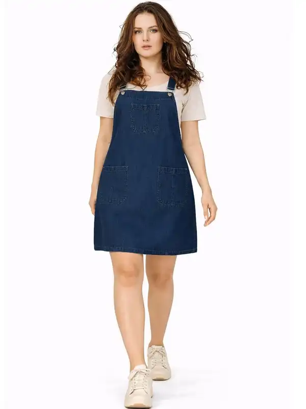 white christmas dresses Indigo Cotton Denim Pinafore Knee Length Dress 26
