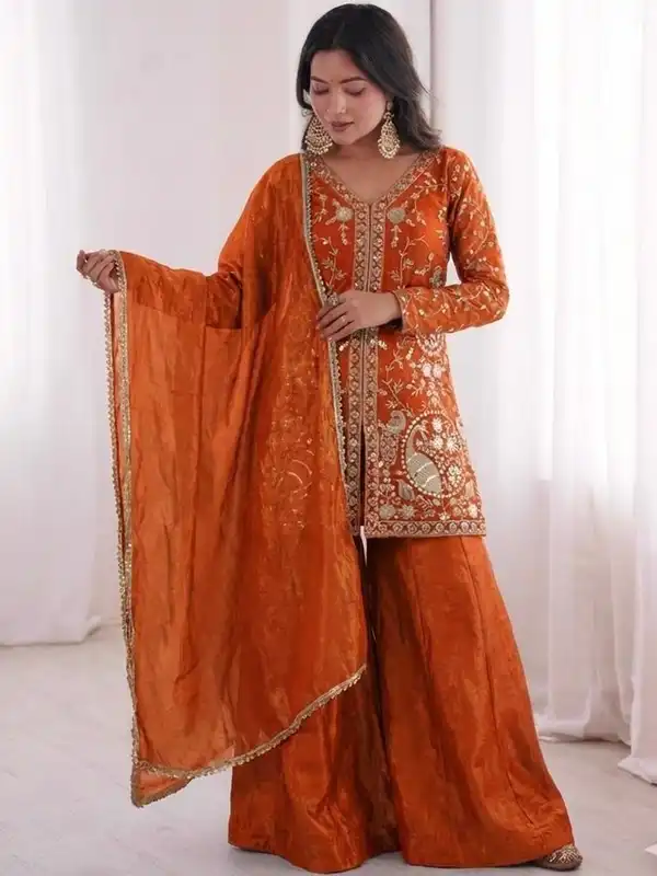 strapless open back dress Stitched Dress Girls Orange 3 Piece Silk Kurta Gharara Festive Dress