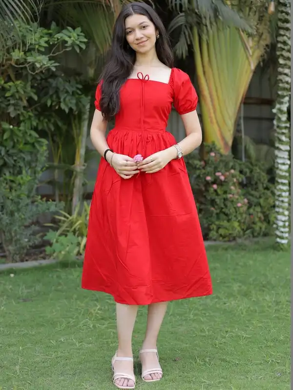 casual red dress Dresses: Midi & Spaghetti Strap Styles Polyester is an artificial fiber that feels soft Women Autumn Casual Midi Dress