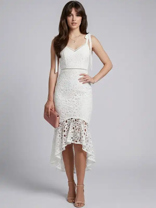 white embroidered bodycon dress Jemour White Embroidered Midi Dress Women's Wedding Guest Cocktail V-Neck Spaghetti Strap Slim Fit Bodycon Pencil Hem Plant Pattern Elegant,S