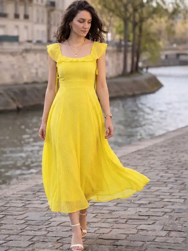 yellow fit and flare dress in Buy Yellow Cotton Poplin Fit and Flare Midi Empire Dress with usable pockets Pretty Yellow Dress - Fit