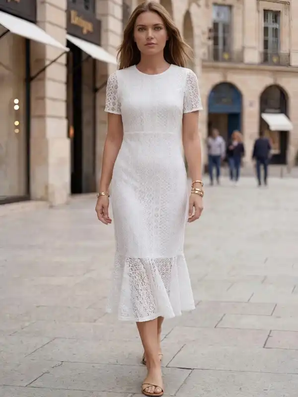 white lace dress online india White Gathered Lace Dress L