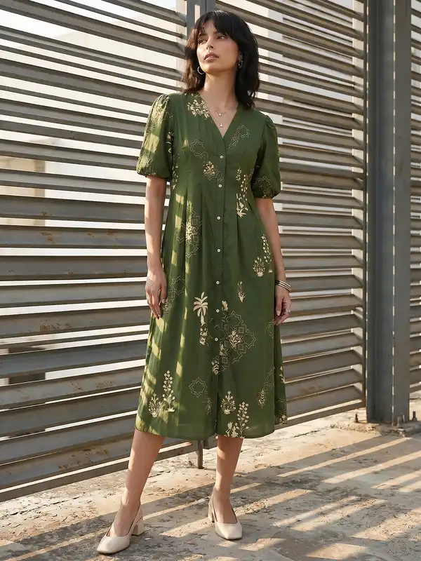 sachin and babi light blue dress Paisley Printed Casual Midi Dress With Side Slit | ADFY-KRIFMD-2339