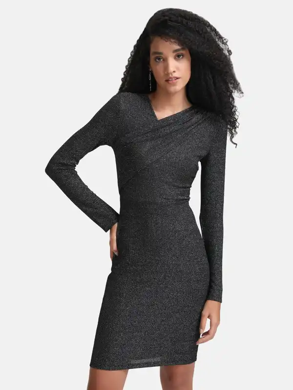 chinese dress ladies Wrap Black Solid Midi Dress for Women