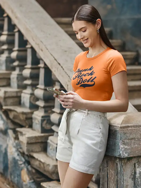 Women Rust Orange Printed Crop Top - Buy Women Rust Orange Printed