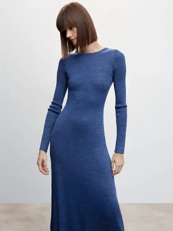 Mango Long Sleeves Blue Solid Dress - Buy Mango Long Sleeves Blue Solid  Dress online in India