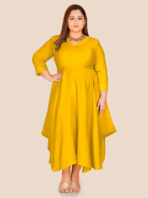 yellow fit and flare dress plus size Women Plus Size Solid Yellow V-Neck Sleeveless Crepe Thigh-High Slit Fit &  Flare Wrap Maxi Dress