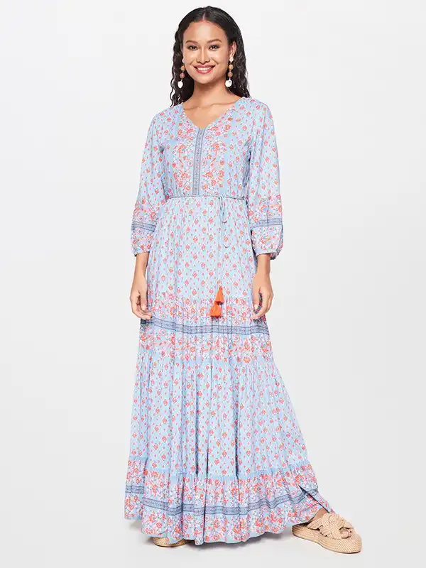 chinese dress ladies Blue Floral V-Neck Ruffle Maxi Dress