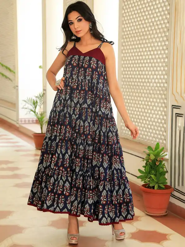chinese dress ladies Blue Printed Cotton Voile Maxi Dress main image 1
