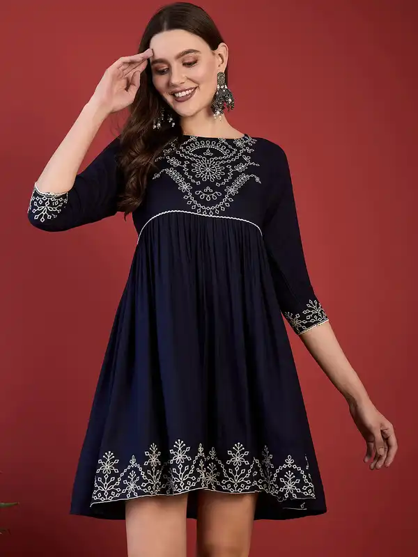 green emerald velvet dress Classy Cotton Navy Blue Dress with Embroidered Yoke and Sleeves – Sujatra main image 1