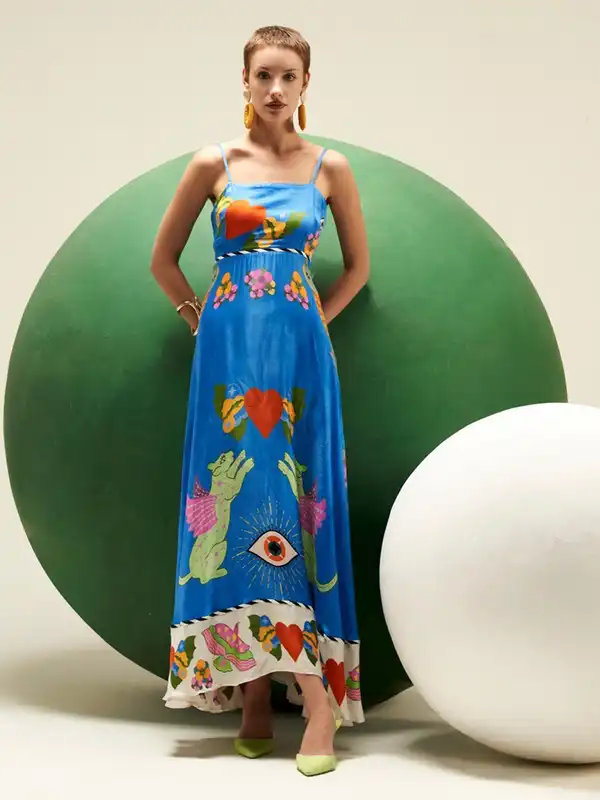 verb by pallavi singhee printed halter dress Verb By Pallavi Singhee Multi Color Satin Embroidery Halter Neck Midi Dress| Aza Fashions