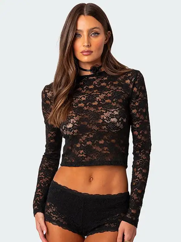 トップス DOT LACE SEE-THROUGH TOP (HIGH NECK) White Lace High Neck Fitted Top - NEWME