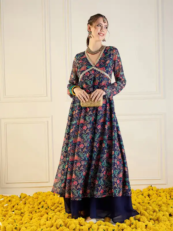 manyavar dress for ladies Navy Blue Print Kurtas sage green balloon garland arch