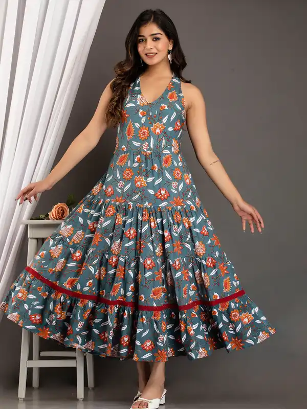 a line denim pinafore dress Odette Silver A-Line Patterned Indo Western Dress For Women