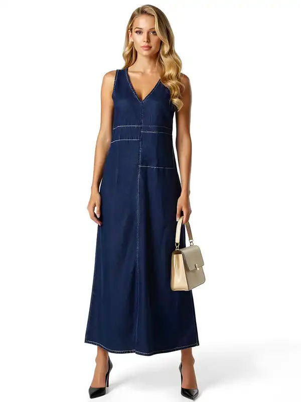 fitted lace wedding dress Buy Puella Women’s Denim Maxi Dress | Sleeveless Spaghetti Strap  Button-Down Long Dress with Front Slit main image 1