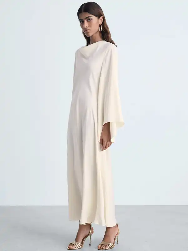 white christmas dresses Mango Pine Overlap Side Slit Maxi Dress in Light Cream