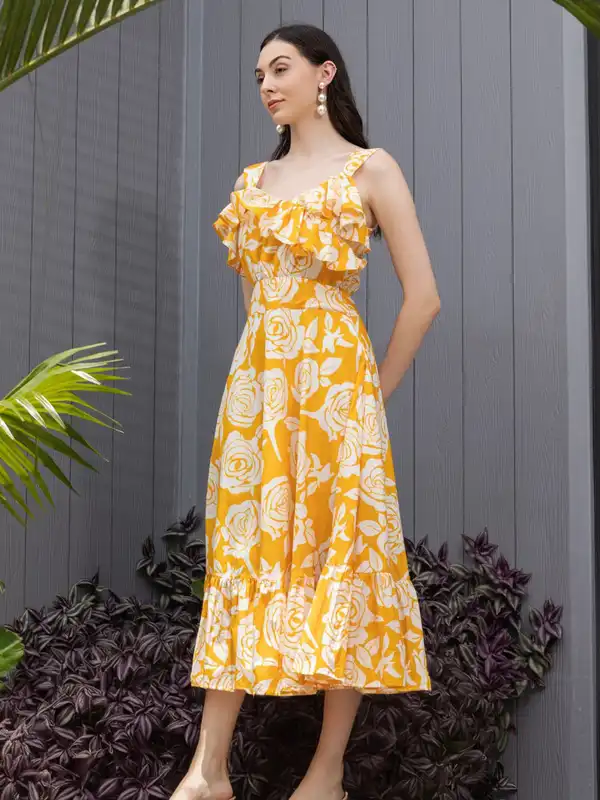 yellow fit and flare midi dress Women Yellow & White Polka Dot Printed V-Neck Tie-Up Waist Crepe Accordion  Pleated Fit & Flare Midi Dress main image 0