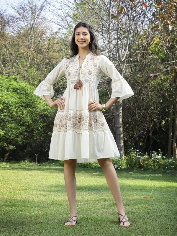 green emerald velvet dress White Embroidered Dress With Floral Hakoba Sleeves  Sandh India