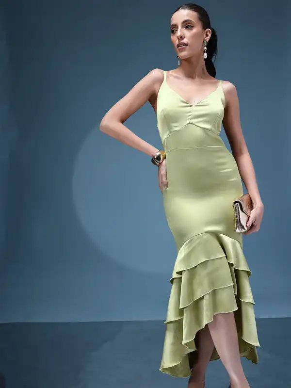 green silk dress forever 21 Forever 21 Green Leaf Print Midi Dress