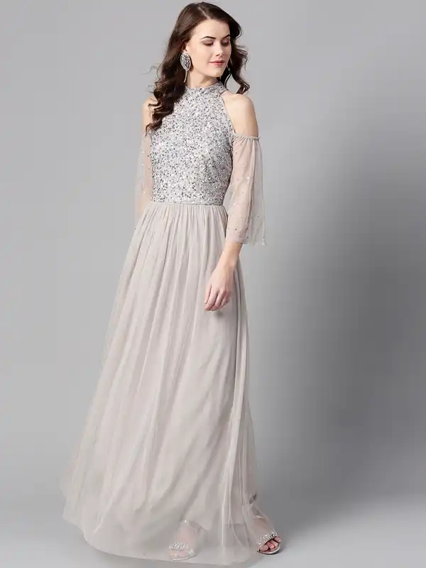 slim fit dress slacks Cordelia Embellished Maxi Dress in Light Grey UK14 / Light Grey