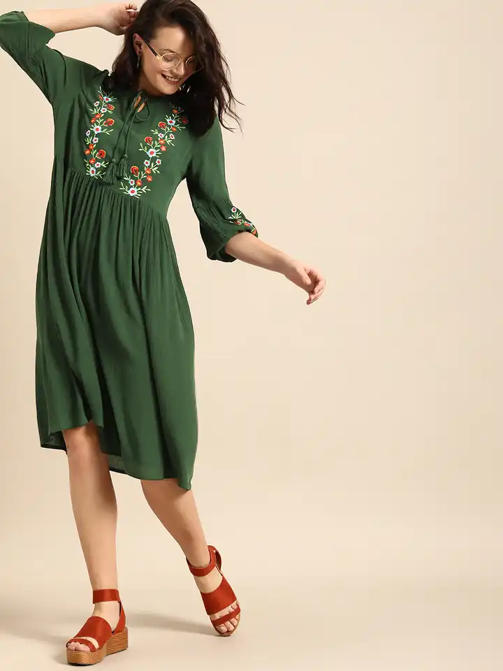 Buy DressBerry Women Olive Green Floral Embroidered A-Line Dress - Dresses  for Women 10463704 | Myntra