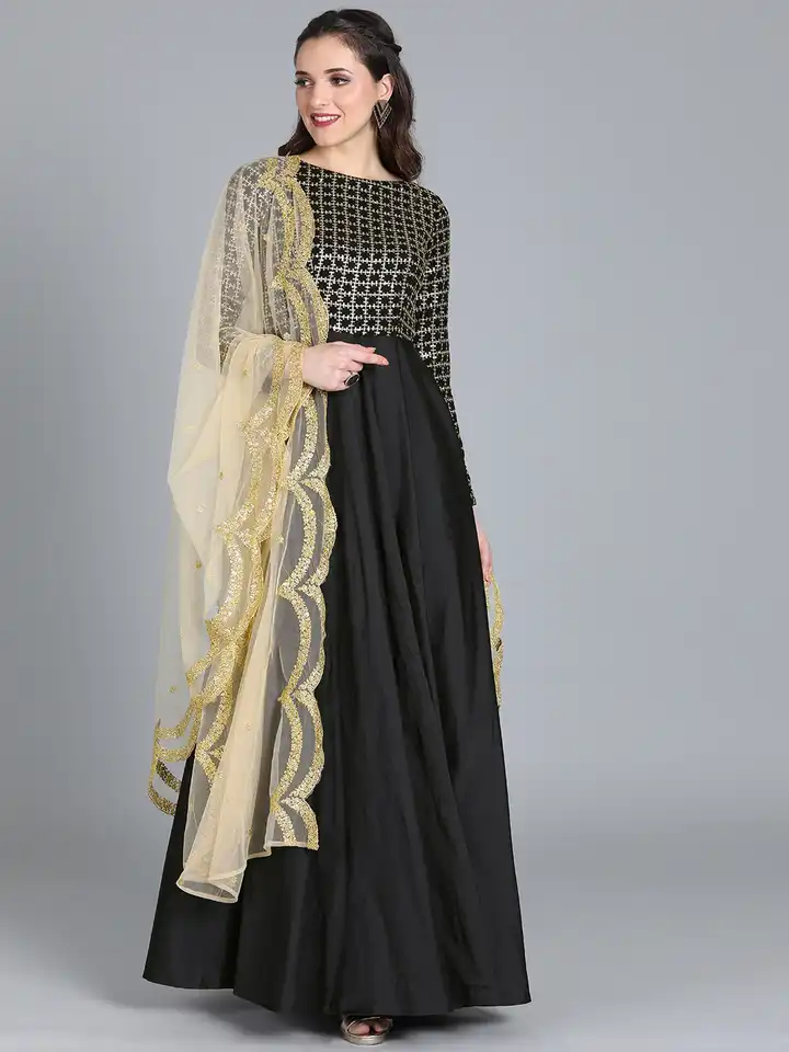 green emerald velvet dress Black Georgette With Sequence Embroidery Work Gown Dupatta – Sulbha Fashions main image 1