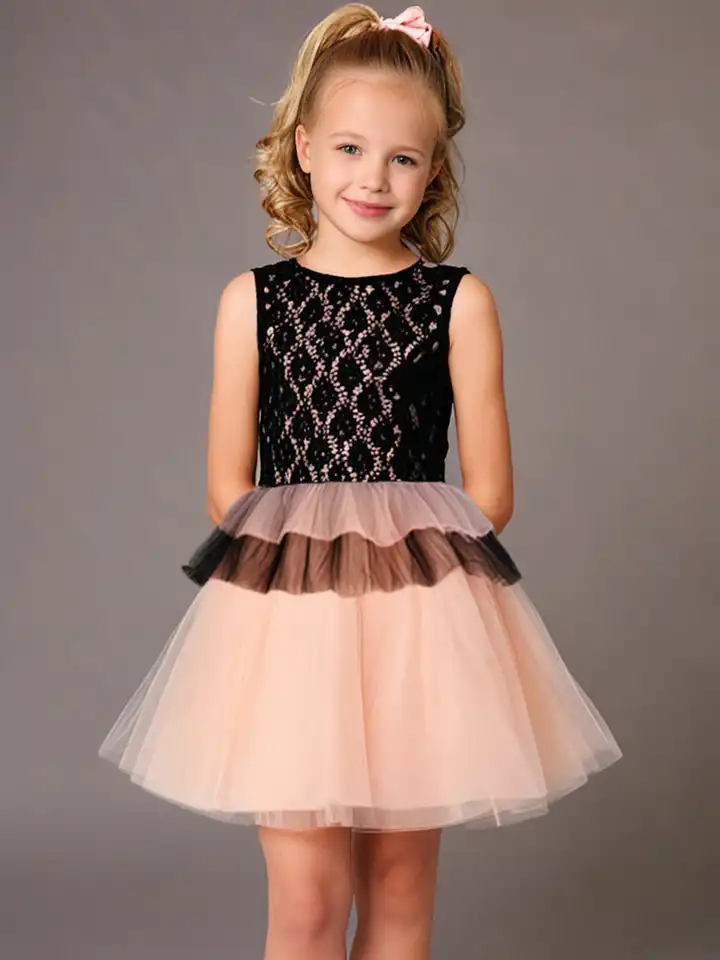 Buy Cherry Crumble Girls Peach-Coloured & Black Net & Lace Layered Fit &  Flare Dress - Dresses for Girls 11513796 | Myntra