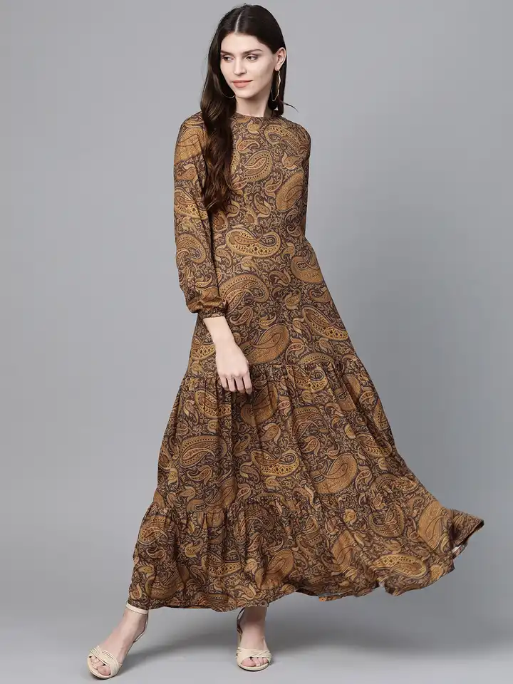 chinese dress ladies Daphne Brown Floral Ruffle Maxi Dress
