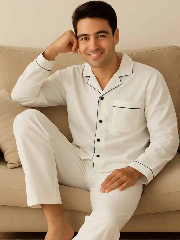 white christmas dresses Hancock Men White & Blue Checked Cotton Relaxed Fit Night Suit