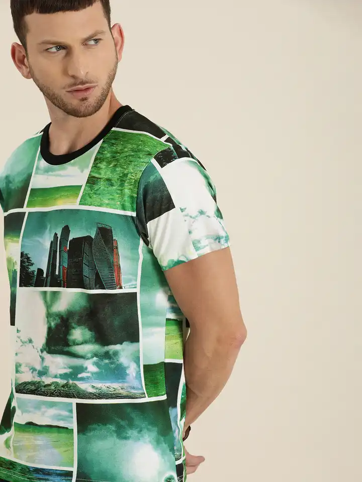 Buy Moda Rapido Men Green White Graphic Printed Round Neck Pure