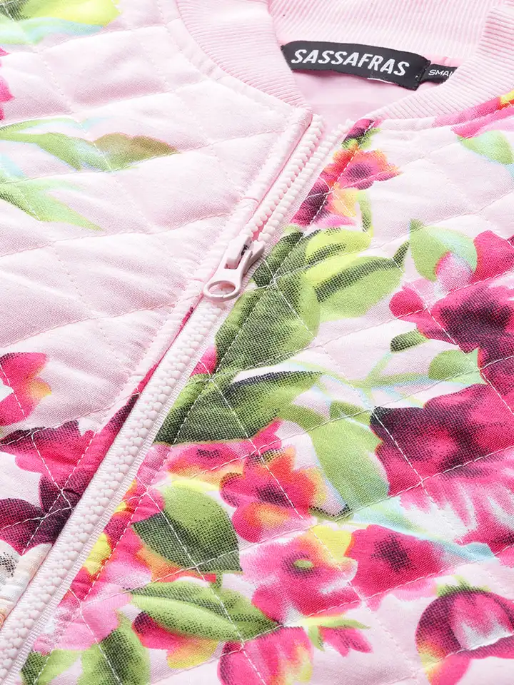 Buy SASSAFRAS Women Pink & Green Floral Print Quilted Bomber