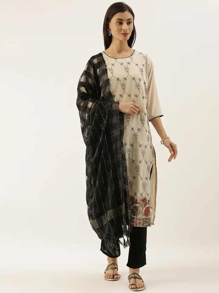 Buy CATCHY Women Cream-Coloured & Black Embroidered Kurta with Trousers &  Dupatta - Kurta Sets for Women 13023520 | Myntra