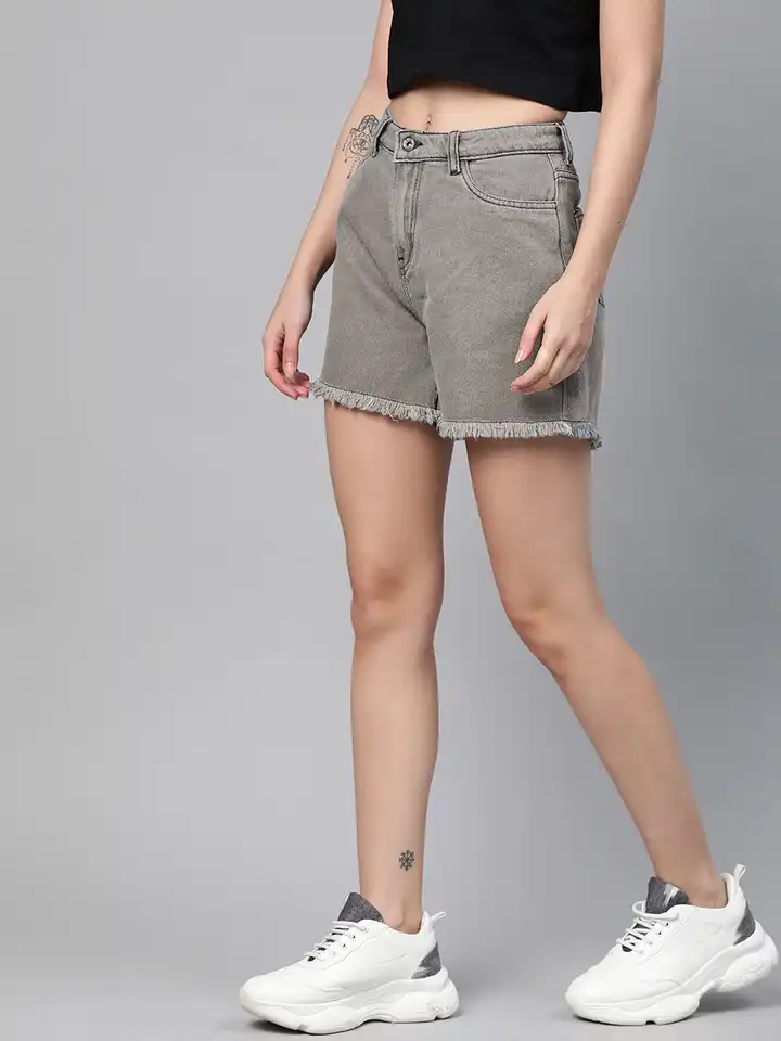 Buy Roadster Women Grey High-Rise Loose Fit Denim Shorts - Shorts