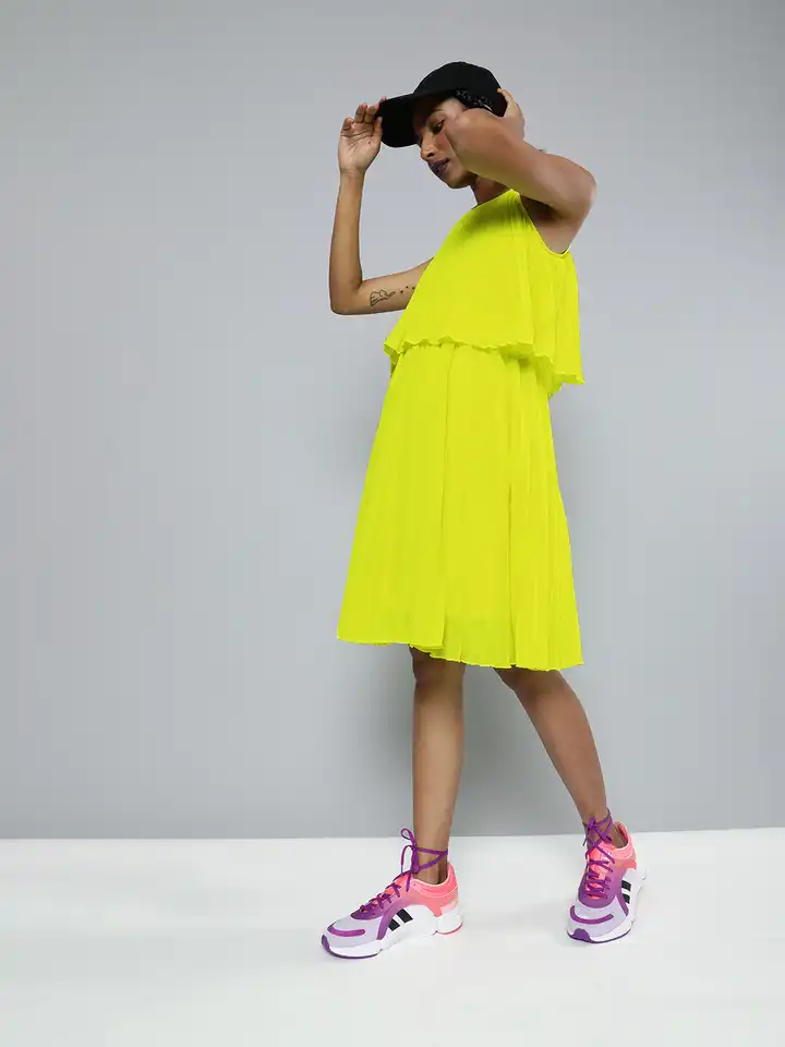 Buy SASSAFRAS Women Fluorescent Green Solid Pleated Layered A-Line Dress -  Dresses for Women 13873974 | Myntra