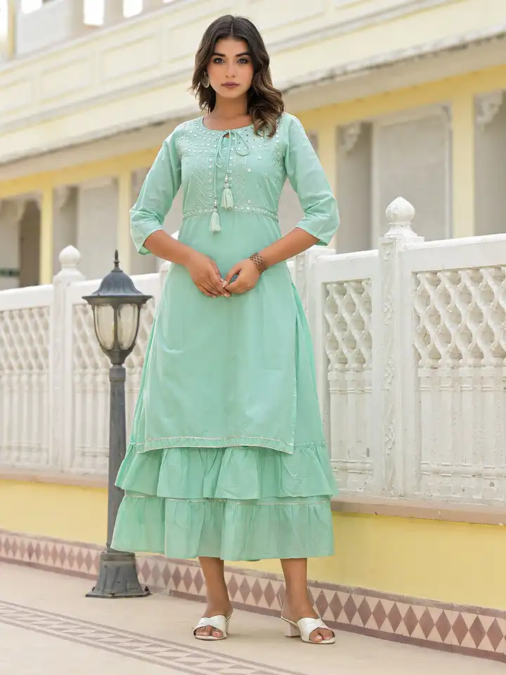 green emerald velvet dress Green Rayon Embroidered Flared Ethnic Dress – Tip Top Collections