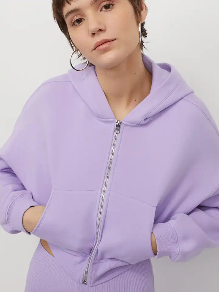 Buy H&M Women Lavender Cropped Zip-Through Hoodie - Sweatshirts