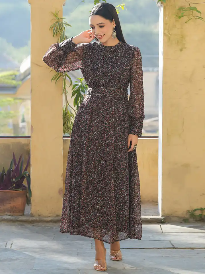 chinese dress ladies Saman Black Embroidered Chiffon Modest Long Maxi Dress | Modest Muslim Dresses main image 1