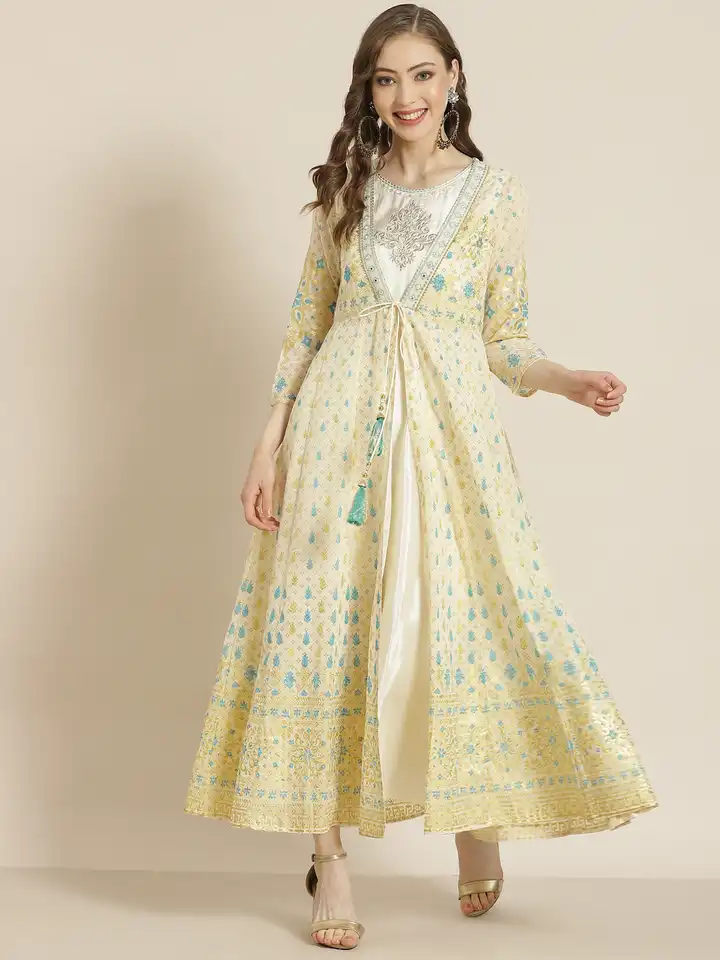 Buy Juniper Women Cream-Coloured & Golden Ethnic Motifs Print Thread Work  Layered A-line Kurta - Ethnic Dresses for Women 14811882 | Myntra