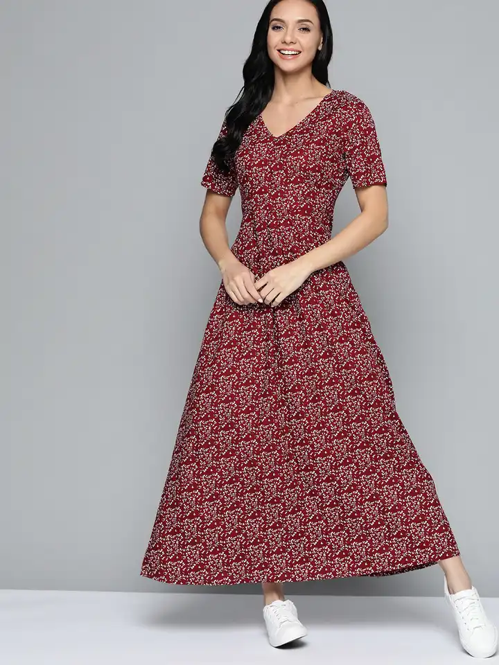 chinese dress ladies Maroon Handspun Cotton A-Line Front Slit Maxi Dress 40