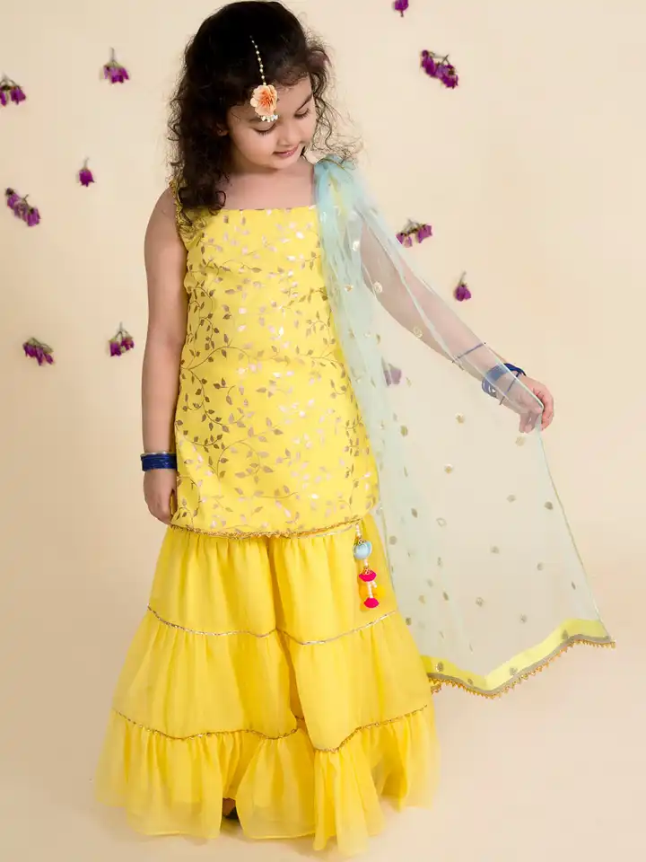 Pspeaches Kurti Con Sharara E Dupatta Per Ragazze - Cotone Puro Giallo Floreale