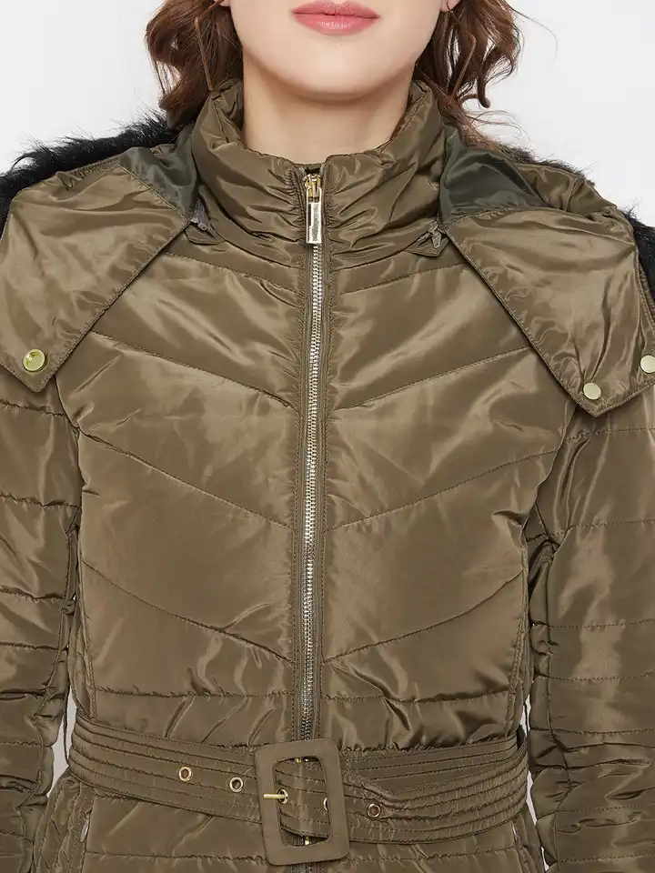 Buy Madame Women Olive Green Windcheater Longline Parka Jacket