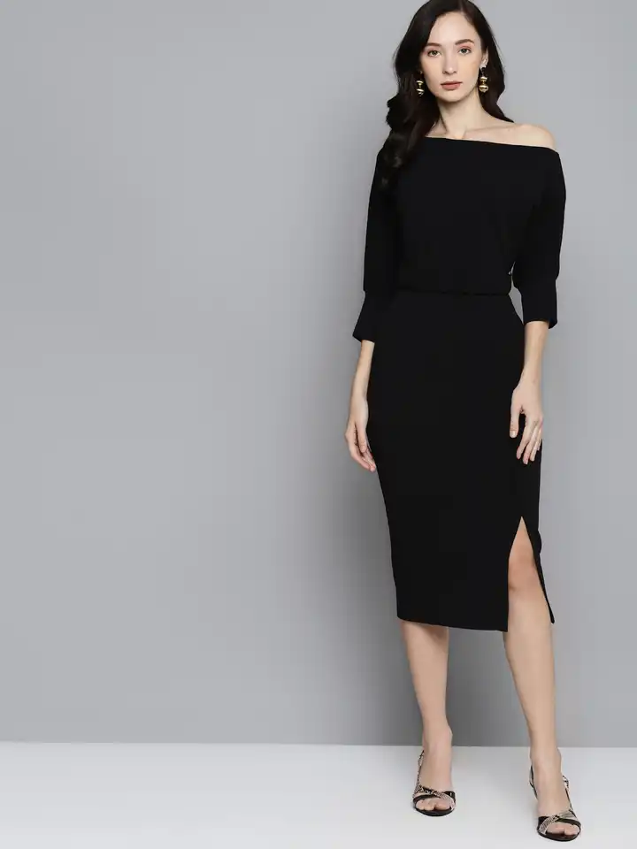Buy SASSAFRAS Black One-Shoulder Belted Drop Shoulder Midi Dress